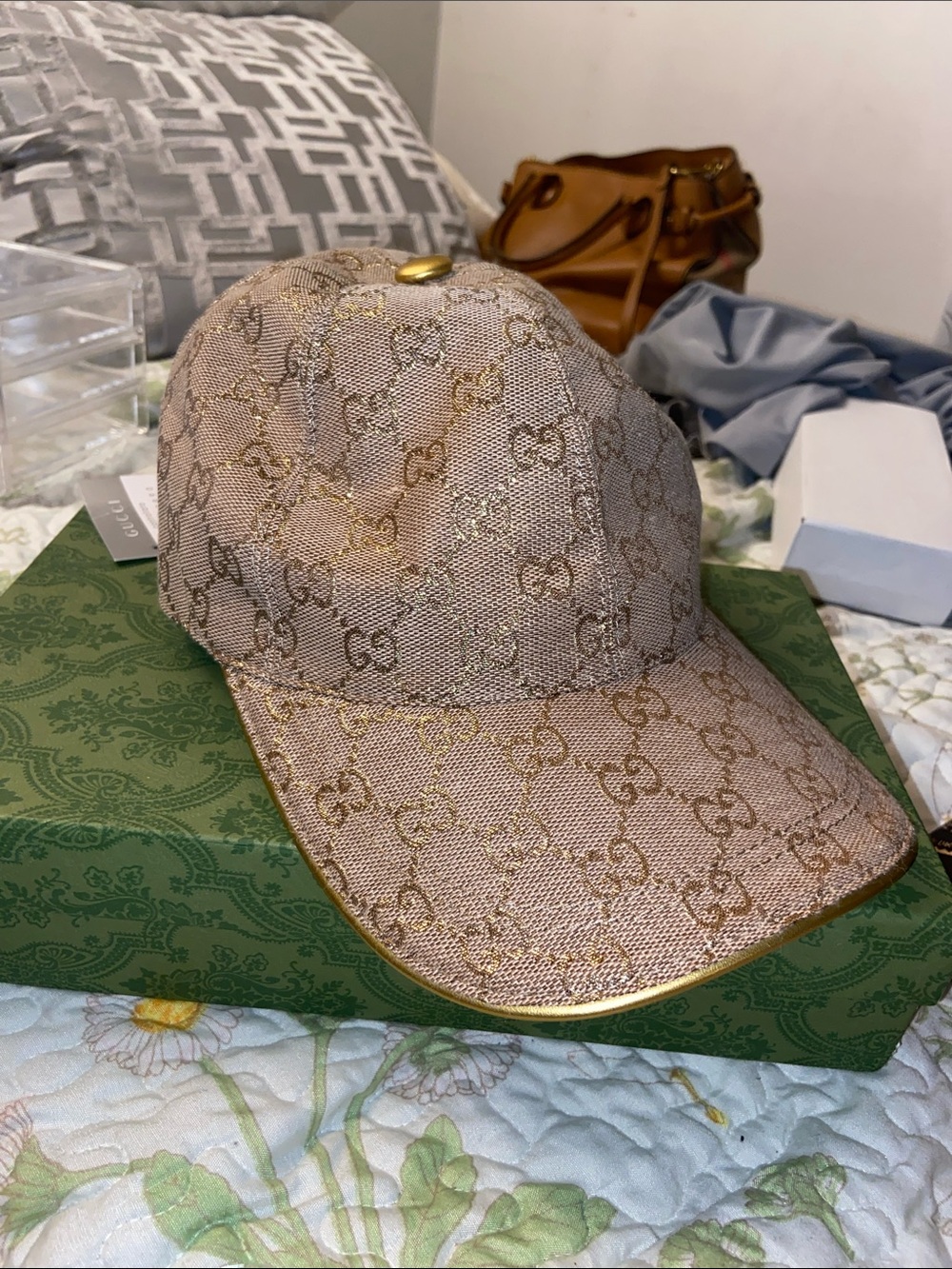 Beige GG Logo women Cap with Gold Trim